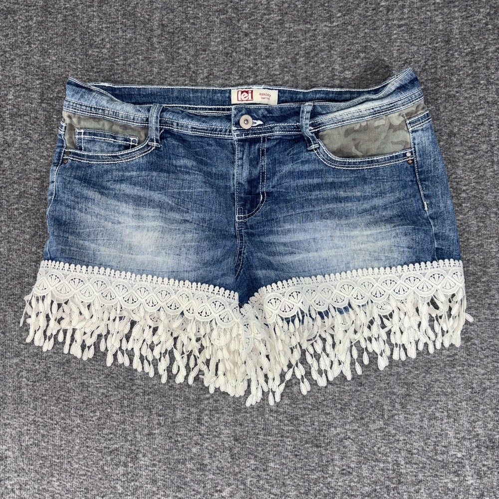 Womens LEI Jean Shorts Camo Crochet Lace Fringe Ashley Lowrise Y2K Boho 11R